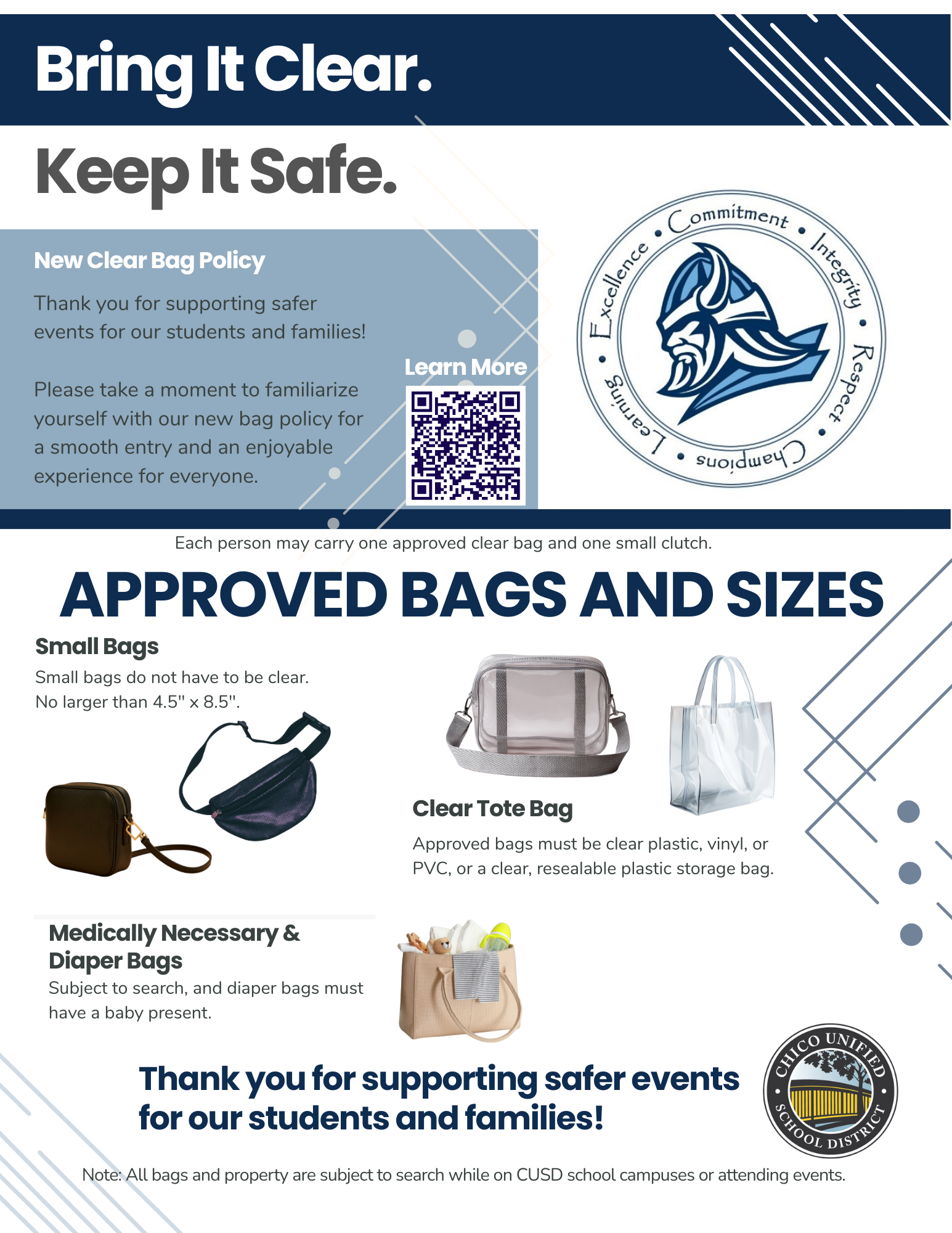 Clear Bag Policy and images of approved bags